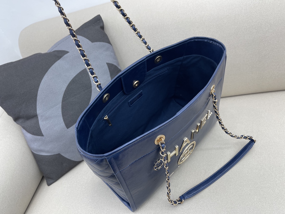 Calfskin Small Shopping Shoulder Bag Tote Bag AS3257 Dark Blue 